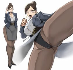 big_ass big_breasts brown_hair capcom chun-li clothed_female female glasses hair_bun high_heels mature_female pantyhose shibusun smile solo street_fighter teacher thick_thighs tied_hair