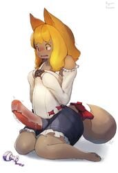 1futa animal_ears anthro armwear big_penis blonde_hair blush bottomwear brown_body brown_fur canid canine clothed clothing detached_sleeves erection erection_under_clothing flustered fur futanari genitals girly hair hi_res honeycalamari humanoid_genitalia humanoid_penis kemono kneeling long_hair male mammal monotone_hair partially_clothed paws penis potion simple_background skirt solo tail tenting white_background wide_hips