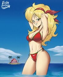 1girls bad_launch bikini blonde_hair blush curvy dragon_ball dragon_ball_(classic) echosaber female female_only green_eyes large_breasts launch lunch_(dragon_ball) posing seaside solo