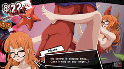 1boy 1girls against_wall animeflux atlus barefoot blush breasts brown_hair decarabia_(megami_tensei) english_text feet female female_focus glasses highres indoors long_hair megami_tensei monster nipples nude oni_(megami_tensei) orange_hair penis persona persona_5 pyro_jack_(megami_tensei) sakura_futaba tentacle vagina vaginal_penetration