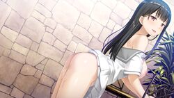 ass black_hair breasts cube game_cg kami-sama_no_you_na_kimi_e kamisama_no_you_na_kimi_e kantoku kokuhou_rein long_hair nipples no_bra nopan pussy_juice red_eyes school_uniform skirt_lift