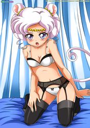 1girls animal_ears bbmbbf bishoujo_senshi_sailor_moon black_legwear blush bowtie bra breasts drill_hair grey_eyes highres jewelry kneeling lingerie looking_at_viewer mouse_ears mouse_tail navel pale-skinned_female pale_skin panties sailor_iron_mouse shadow_galactica short_hair short_twintails small_breasts stockings tail thighhighs twin_drills twintails underwear villainess white_hair