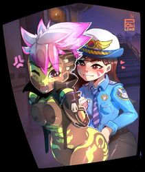 against_glass against_wall angry asian blizzard_entertainment breasts breasts_on_glass brown_skin d.va dark-skinned_female dark_skin female forced latina los_muertos_sombra mohawk overwatch pervert pokilewd police_officer_d.va seductive_smile sombra sugar_skull video_games yuri