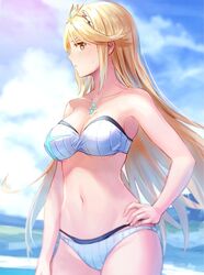 1girls anbe_yoshirou belly belly_button big_breasts blonde_hair bra breasts cleavage female female_only hand_on_hip hikari_(xenoblade_2) long_hair looking_at_viewer midriff mouth_hold mythra nintendo panties swimsuit xenoblade_(series) xenoblade_chronicles_2 yellow_eyes