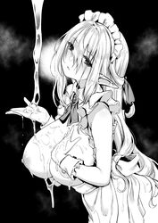 apron bangs breasts brooch cum cum_on_body cum_on_breasts cum_on_upper_body elf eyebrows_visible_through_hair female highres honeyshibi jewelry large_breasts long_hair looking_at_viewer maid maid_headdress monochrome naked_apron nipples original pointy_ears shibi solo wrist_cuffs