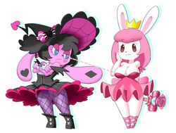 2girls :3 anthro arrow black_hair blue_eyes breast_envy brown_eyes cleavage clothes crown female female_only jealous lagomorph looking_at_breasts minus8 multiple_girls pantyshot_(standing) pink_hair princess_pring purple_panties pussy rabbit tagme white_background witch_hat