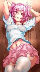 1girls arms_above_head bottom_heavy curvaceous curvy cute doki_doki_literature_club fat_ass laying_down looking_at_viewer natsuki_(doki_doki_literature_club) nisego on_back pawg pink_eyes pink_hair revealing_clothing see-through see-through_clothing skirt small_breasts solo thick_thighs thighhighs voluptuous wide_hips wide_thighs