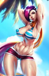 1girls abs big_breasts bikini breasts cleavage female female_only fiora_laurent large_breasts league_of_legends looking_at_viewer lord_dominik pool_party_fiora pool_party_series solo thick_thighs wide_hips