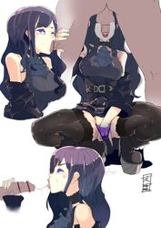 bar_censor bare_shoulders black_belt black_hair black_legwear blowjob blue_eyes censored choker cum cum_in_mouth eyeshadow fellatio final_fantasy final_fantasy_xiv gaia_(ffxiv) hand_in_own_panties hand_in_panties high_heels highres large_breasts lipstick long_hair masturbating_during_fellatio masturbation mian_(artist) panties pointless_censoring pubic_hair purple_panties red_lips signature thighhighs