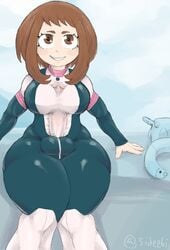 1futa autopaizuri autopaizuri_under_clothes balls balls_in_bodysuit big_breasts bodysuit breasts bulge cleavage dickgirl erection erection_under_clothes futa_only futanari large_breasts my_hero_academia ochako_uraraka penis penis_in_bodysuit sideebi solo testicles thick_thighs wide_hips