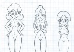 3girls 5-volt ace_attorney breasts capcom female female_only graph_paper gyakuten_saiban hands_on_hips katerina_angela long_hair looking_at_viewer mario_(series) maya_fey mii mii_gunner mii_gunner_(smash_4) milf mob_face monochrome naked nintendo nipples nude pussy short_hair sketch super_smash_bros. super_smash_bros._for_nintendo_3ds_and_wii_u twintails vagina wario_(series) warioware