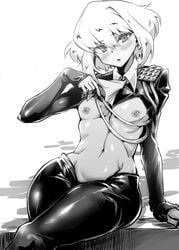 1boy blouse blush crossdressing eyelashes eyeliner femboy flat_chest girly lio_fotia looking_at_viewer makeup male male_only medium_hair monochrome navel nipples pinup promare prprlo revealing_clothes shiny_clothes shiny_skin shirt shirt_lift shirtless sleeves trap