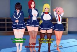 4girls big_ass big_breasts black_hair blonde_hair blue_eyes choker comparison fishnet_legwear fishnets glasses green_eyes hair_over_eye hair_over_eyes huge_ass huge_breasts koikatsu large_breasts meme multiple_females multiple_girls papermoon_(artist) parody pick_one pink_hair plump red_hair ribbon school_uniform schoolgirl shiny_skin size_difference small_breasts stockings thick_thighs uniform voluptuous