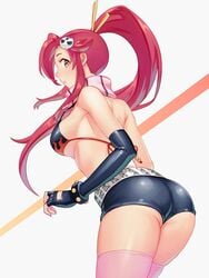 1girls anbe_yoshirou ass bent_over big_ass bra female female_only long_hair looking_at_viewer looking_back open_mouth ponytail red_hair short_shorts shorts skull skull_hair_ornament solo stockings tengen_toppa_gurren_lagann thighhighs tight_clothing yellow_eyes yoko_littner