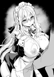 1boy apron bangs bar_censor blush breast_suppress breasts brooch censored elf eyebrows_visible_through_hair female highres honeyshibi jewelry large_breasts long_hair maid maid_headdress monochrome nipples open_mouth original paizuri penis perpendicular_paizuri pointy_ears precum shibi solo_focus tears thighhighs waist_apron