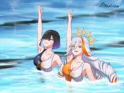 2girls alluring alternate_costume baldr_(fire_emblem_heroes) big_breasts black_hair black_one-piece_bikini bob_cut breasts cleavage dancing drill_hair female fire_emblem fire_emblem_heroes grimaisbestwaifu hair_over_one_eye halo heterochromia high_res hodr_(fire_emblem) intelligent_systems long_hair multiple_females multiple_girls nintendo one-piece_bikini orange_halo orange_one-piece_bikini orange_streaks pool red_eyes short_hair siblings signature silf silfs single_hair_streak sisters smile swimming_pool swimsuit synchronized_swimming two-tone_bikini white_hair white_one-piece_bikini yellow_eyes