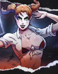 1girls ai_generated artist_request blonde_female blonde_hair brassiere breasts choker cleavage_cutout fangs female green_eyes jeanette_voerman makeup makeup_running malkavian medium_breasts pale_skin solo solo_female tied_shirt twintails vampire_the_masquerade vampire_the_masquerade_bloodlines world_of_darkness
