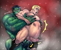 anal anal_sex balls bara big_balls big_penis boner clint_barton erection gay green_skin hawkeye hulk hulk_(series) male male_only marvel marvel_comics muscles muscular penis sex stomach_bulge sweaty tom_cray