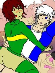 blue_eye blush bottomless brown_hair chara female female_chara_(undertale) getting_caught implied_sex looking_at_viewer looking_surprised male male/female red_eyes sans straight surprised_expression undertale white_hair