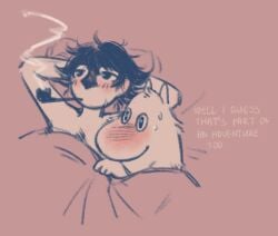 after_sex aged_down blush english_text fur gay interspecies male male_only moominpappa on_back on_bed pipe shigumo sketch smoking smoking_pipe sweat the_joxter the_moomins yaoi