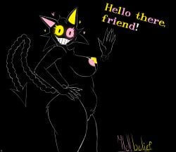 1female amogus anthro black_background breasts cat_ears catgirl deltagoon deltarune deltarune_chapter_3 deltarune_chapter_4 female floating_hand friend_(deltarune) fur hand_on_hip hearts_around_head hellbelief heterochromia monster pubic_hair rule_63 sharp_tail simple_background simple_drawing simple_shading smile solo solo_female spiked_tail tail text