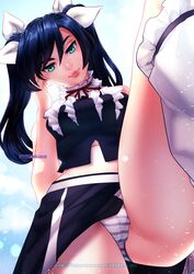 1girls black_hair clothing grapesliime green_eyes neo_(rwby) panties pantyshot_(standing) rwby striped_panties twintails upskirt