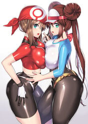 2girls alternate_breast_size ass bandana belly big_ass bike_shorts blue_eyes breast_frottage breast_press breasts brown_hair cleavage double_bun eye_contact female female_only gloves hat heart heart-shaped_pupils human human_only impossible_clothes large_breasts leg_between_thighs lesbian long_hair looking_at_viewer may_(pokemon) midriff miniskirt nagase_haruhito nintendo nipple_bulge open_mouth pantyhose pokemon pokemon_bw pokemon_rse pokies rosa_(pokemon) shirt short_hair shorts sideboob skin_tight skirt standing thick_thighs tight_clothing tight_shorts twintails wide_hips yuri