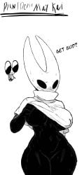 artist_name belly belly_button black_and_white black_body blush blush_lines blushing_female breasts bug curvy curvy_female curvy_figure devil_may_kai female hollow_knight hollow_knight:_silksong hollow_knight_(franchise) hornet_(hollow_knight) huge_ass huge_breasts huge_butt male male_watching nipples pixiv pulling_up_shirt sweat sweatdrop text the_knight_(hollow_knight)