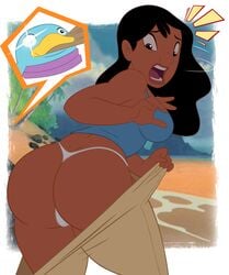 1girls back_view bare_shoulders big_breasts black_hair brown_eyes busty butt_crack chubby curvy dark-skinned_female dark_skin dat_ass detailed_background disney embarrassed_underwear_female embarrassed_undressed_female english_text euf eyelashes female female_only grimphantom hourglass_figure human lilo_and_stitch looking_back looking_down midriff nani_pelekai open_mouth outdoor outside panties pants pose posing sand shiny shiny_skin shock solo standing straight_hair text thong water wide_hips