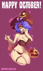 collar female gerph halloween_theme hips lingerie pumpkin see-through_clothing skarp_world skarpne_(skarp_world) suggestive text thighs witch_hat yellow_lipstick