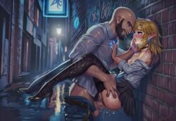 2boys against_wall ai_art ai_generated alley_sex alleyway anal anal_sex ass ass_grab backstreet bald bare_breasts bare_shoulders beard black_eyelashes blue_eyes blush breasts choker drooling earrings elf elf_ears elf_femboy exhibitionism femboy femboysub feminine_male feminization gay gay_sex girly glowing_nails golden_hair hand_on_face heart heels high_heels hylian hylian_ears kissing_while_penetrated leaking_cum legs legwear link link_(breath_of_the_wild) link_(tears_of_the_kingdom) long_eyelashes long_hair luxica male male_on_femboy maledom males_only miniskirt missionary_position night nintendo novelai saliva_trail shirt shivering sissy skirt small_breasts stockings sweat the_legend_of_zelda thighhighs thrusting thrusting_into_ass tongue_out trap triforce twink uncensored upskirt_sex waist_grab yaoi