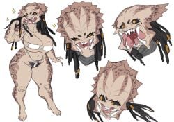 1girls alien big_breasts bikini black_sclera breasts fangs female female_only female_yautja hi_res lightsource micro_bikini mole mole_on_breast monster multiple_views orange_eyes predator_(franchise) pubic_hair shortstack solo thick_thighs white_background white_bikini yautja