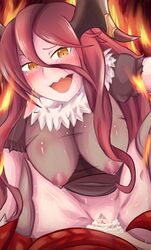 1boy 1girls cowgirl_position cum cum_in_pussy cum_inside dragalia_lost dragon dragon_girl femdom grimmelkin happy happy_sex horns large_breasts long_hair love monster_girl mym nintendo orange_eyes pov red_hair see-through see-through_clothing sweat