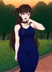 afternoon ai_generated armless_dress bangs beautiful_girl big_breasts black_collar black_lipstick black_stockings blue_dress breasts brown_eyes brown_hair collarbone elegant_dress female from_above_outside hourglass_figure kanojo_okarishimasu long_dress long_hair looking_at_viewer medium_breasts mizuhara_chizuru one_side_up p pale_skin park pixel_dream_gen seductive serious_expression sexy slight_smile sunset thick_thighs uncensored