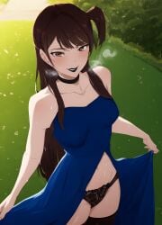 afternoon ai_generated armless_dress bangs beautiful_girl black_collar black_lipstick black_panties black_stockings blue_dress breasts brown_eyes brown_hair collarbone elegant_dress female from_above glistening_skin hourglass_figure kanojo_okarishimasu long_dress long_hair looking_at_viewer medium_breasts mizuhara_chizuru one_side_up outside pale_skin park pixel_dream_gen pulling_up_dress revealing_thighs seductive serious_expression sexy slight_smile steam sunset sweat teasing thick_thighs uncensored