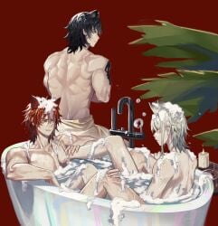 2023 3boys aosta_(arknights) arknights back bare_back bare_legs bath bathing bathroom bathtub black_hair broca_(arknights) chiave_(arknights) frustrated ginger_hair hi_res light-skinned_male light_skin male muscular muscular_male naked nude simple_background tattoo teasing weichunchunn white_hair wolf_boy wolf_ears