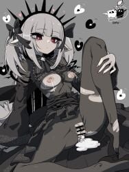 1girls a_bao_a_qu_the_lightless_shadow amboynav2 ascot bar_censor black_ascot black_bow black_hairband black_skirt blunt_bangs blush bodystocking bow breasts bright_pupils censored commentary_request cum cum_in_pussy cum_pool cumdrip duel_monster ear_blush female female_only full_body gothic_lolita grey_background grey_hair hairband hairbow hand_on_own_leg heart highres impregnation lactation long_hair medium_breasts multiple_ova nipples pointy_ears pussy red_eyes simple_background skirt solo spiked_hairband spikes spread_legs the_amboina torn_bodystocking torn_clothes two_side_up white_pupils wide_sleeves yu-gi-oh!