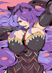 areola_slip areolae big_breasts breasts camilla_(fire_emblem) clothed corset elbow_gloves female female_only finger_in_mouth fire_emblem fire_emblem_fates hair_ornament hair_over_one_eye half-closed_eyes huge_breasts long_hair looking_at_viewer nac000 nintendo nipple_slip nipples on_back one_eye_covered open_mouth purple_eyes purple_hair solo solo_female very_long_hair