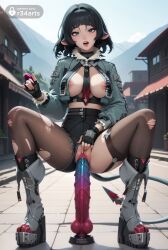 1girls ai_generated between_breasts black_gloves black_hair black_shorts blunt_bangs boots breasts clothing_aside condom condom_wrapper cropped_jacket dildo dildo_in_pussy dildo_insertion dildo_riding female female_masturbation fingerless_gloves full_body garter_straps gloves green_eyes hi_res holding jacket jane_doe_(zenless_zone_zero) large_breasts looking_at_viewer masturbation multicolored_dildo necktie nipples object_insertion open_clothes open_mouth outdoors pantyhose piercing pointy_ears pussy r34arts riding_dildo sex_toy short_hair shorts solo spread_legs squatting squatting_on_dildo tail teeth textured_dildo thighhighs torn_clothes torn_pantyhose torn_thighhighs uncensored vaginal_insertion vaginal_masturbation vaginal_object_insertion vaginal_penetration veiny_dildo zenless_zone_zero