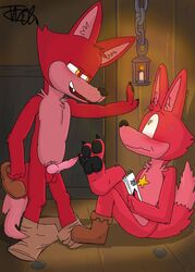 2boys animal_genitalia animal_penis anthro anthro_only blush canine canine_penis erection five_nights_at_freddy's fox foxy_(fnaf) furry furry_only gay knot male male_only multiple_boys no_humans pants_down paws penis penis_out pirate red_fur rockstar_foxy scottgames seductive_look undressing video_games yellow_eyes