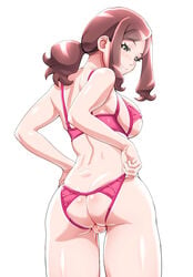 ass backless_panties bra breasts brown_hair butt_crack cowboy_shot female female_only from_behind hanadera_yasuko healin'_good_precure kousaka_jun large_breasts long_hair medium_breasts panties pink_bra pink_panties ponytail precure pretty_cure pussy red_eyes sideboob sidelocks smile uncensored underwear white_background