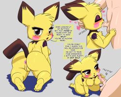 adult_(lore) anthro anus asking ass balls black_body black_fur blush bodily_fluids breasts brown_eyes chest_tuft closed_eyes cum cum_feeding cum_in_mouth cum_inside cum_on_penis dialogue docsye drinking drinking_cum duo ellipsis english_text eyeshadow fellatio female fur generation_2_pokemon genital_fluids genitals hand_on_legs hand_on_penis hand_on_thighs head_tuft heart_symbol hearts_around_head hi_res human kneeling light_body light_skin looking_at_viewer looking_back looking_back_at_viewer makeup male mammal medium_breasts narrowed_eyes nintendo nude nude_anthro nude_female nude_human nude_male open_mouth oral oral_penetration penetration penile penis penis_in_mouth penis_nursing pichu pink_cheeks pokemon pokemon_(species) profanity purple_eyeshadow raised_tail sex tail text tuft vulva yellow_body yellow_fur