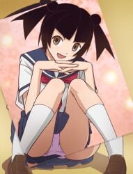 00s 2000s 2008 bangs black_hair brown_eyes female female_only happy haruyama_kazunori kotonon light-skinned_female light_skin looking_at_viewer open_mouth panties pantyshot pink_panties sayonara_zetsubou_sensei school_uniform seifuku serafuku short_hair solo source_not_archived source_request twintails underskirt