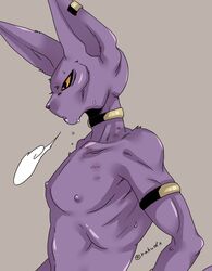 anthro areola beerus big_ears bodily_fluids breath choker close-up domestic_cat dragon_ball dragon_ball_super ear_piercing ear_ring felid feline felis grey_background hairless hairless_cat hi_res jewelry long_ears male male_only mammal necklace nipples nude open_mouth piercing portrait purple_body purple_ears purple_nipples purple_nose purple_skin rakudx simple_background skinny solo sphynx_(cat) sweat