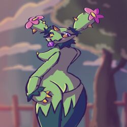 ass ass_focus breasts bru_n_dog3 condom female flower green_body green_skin maractus plant plant_girl pokémon_(species) pokemon pokemon_(species) yellow_eyes