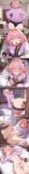 1boy 1femboy ai_generated anal anal_sex astolfo_(fate) bed bedroom big_penis blowjob booty_shorts braid braided_hair bulge bulge_through_clothing cock_on_face comic comic_strip cum cum_in_ass cum_in_mouth cum_on_penis cum_on_stomach cumming curvy curvy_figure dark-skinned_male dark_skin fate_(series) fellatio femboy hands_on_hips holding_penis hoodie laying_on_back leg_up looking_at_partner looking_at_viewer male open_mouth penis pink_hair pouting pov pulled_down_pants shocked standing taint text tummy wide_eyed xland