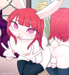 absurd_res anthro anus background_text backsack balls bangs bodily_fluids breasts clothing colored double_v_sign dress footwear foreskin fur genital_fluids genitals gesture gynomorph hair hand_gesture hi_res hunched_over intersex kyogummi lagomorph leaking_precum legwear leporid long_hair looking_at_viewer mammal medium_breasts mirror nipples penis penis_backwards pink_anus pink_eyes pink_nipples pink_nose pink_penis pose post-it_note precum rabbit red_hair reflection shaded short_tail socks solo tail thigh_highs thigh_socks tongue tongue_out v_sign white_body white_fur