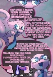 absurd_res accessory animal_humanoid backsack balls blue_eyes english_text eyewear felid felid_humanoid feline feline_humanoid fur generation_1_pokemon genitals glasses hair halfpricesouls hi_res humanoid legendary_pokemon mammal mammal_humanoid mew_(pokemon) mythical_pokemon necktie nintendo pink_body pink_fur pink_hair pokemon pokemon_(species) smile text wearing_glasses