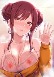 1girls areolae big_breasts blush breasts cai_geng double_bun female female_only hair_bun idolmaster large_breasts looking_at_viewer nipples oosaki_amana solo