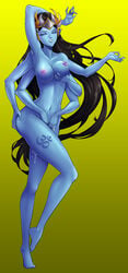 1girls 6_arms barefoot black_hair blue_eyes blue_pussy blue_skin breasts crown elf_ears female fingering goddess hindu_mythology kali kali_(smite) long_ears long_hair long_legs masturbation multi_arm multi_limb nipples pointy_ears purple_nipples smile smite solo solo_female yellow_background